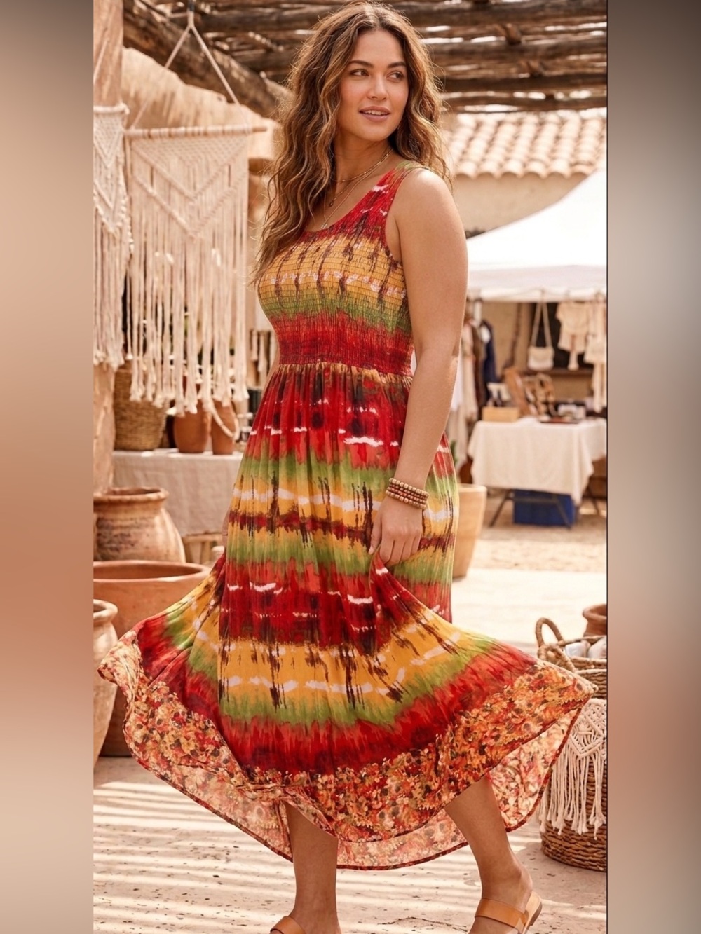 Elementz Vintage Boho Multicolor Smocked Maxi Dress - Size L - NWT